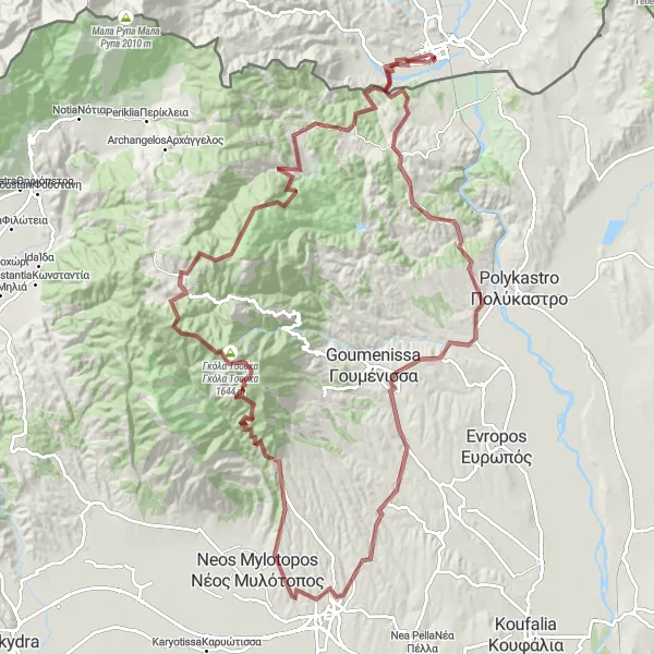 Map miniature of "Gevgelija - Skra Gravel Route" cycling inspiration in Severna Makedonija, Macedonia. Generated by Tarmacs.app cycling route planner