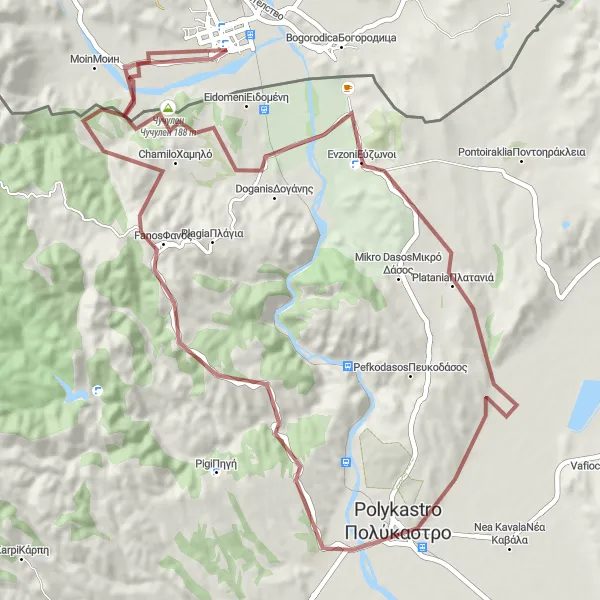 Map miniature of "Gevgelija - Polykastro Gravel Route" cycling inspiration in Severna Makedonija, Macedonia. Generated by Tarmacs.app cycling route planner