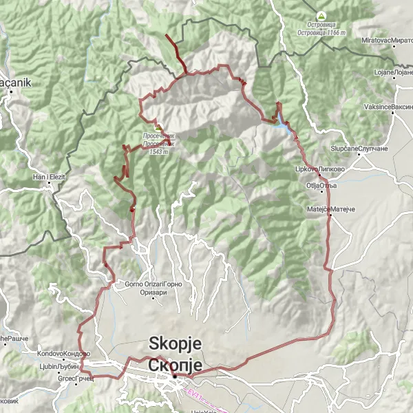 Map miniature of "The Ultimate Gravel Challenge" cycling inspiration in Severna Makedonija, Macedonia. Generated by Tarmacs.app cycling route planner