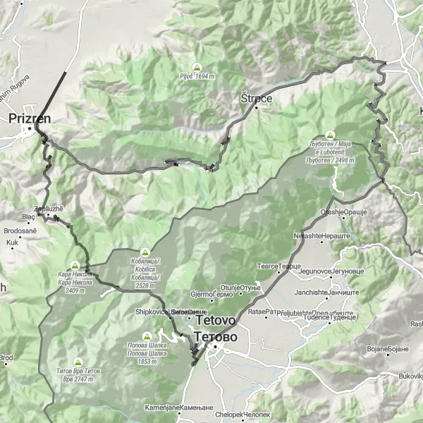 Map miniature of "Shipkovica - Štrpce Loop" cycling inspiration in Severna Makedonija, Macedonia. Generated by Tarmacs.app cycling route planner