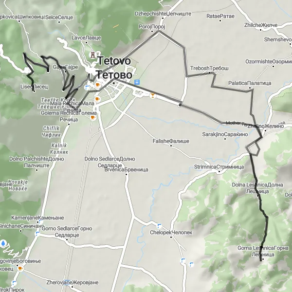 Map miniature of "Tetovo Fortress Loop" cycling inspiration in Severna Makedonija, Macedonia. Generated by Tarmacs.app cycling route planner