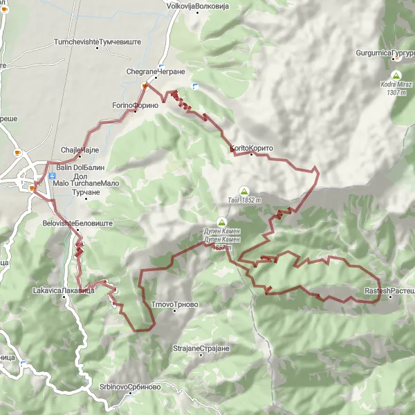 Map miniature of "Gostivar Gravel Adventure" cycling inspiration in Severna Makedonija, Macedonia. Generated by Tarmacs.app cycling route planner