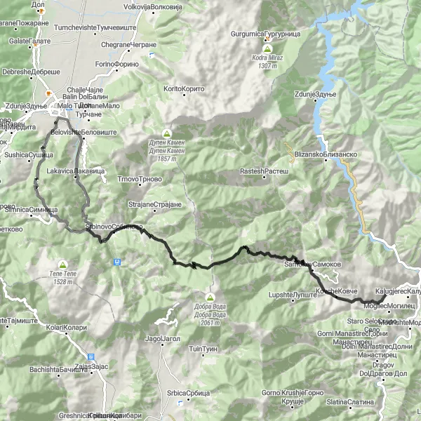 Map miniature of "Gostivar to Srbinovo Loop" cycling inspiration in Severna Makedonija, Macedonia. Generated by Tarmacs.app cycling route planner