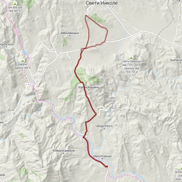 Map miniature of "Gravel Adventure in Rural Macedonia" cycling inspiration in Severna Makedonija, Macedonia. Generated by Tarmacs.app cycling route planner