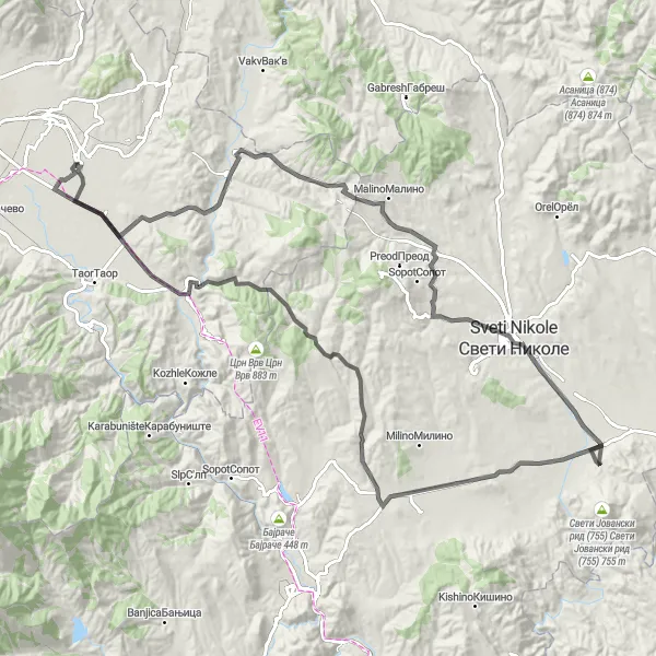 Map miniature of "Sushica Adventure" cycling inspiration in Severna Makedonija, Macedonia. Generated by Tarmacs.app cycling route planner