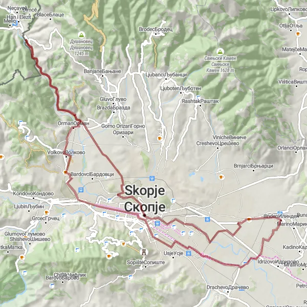 Map miniature of "Skopje Outskirts Gravel Adventure" cycling inspiration in Severna Makedonija, Macedonia. Generated by Tarmacs.app cycling route planner