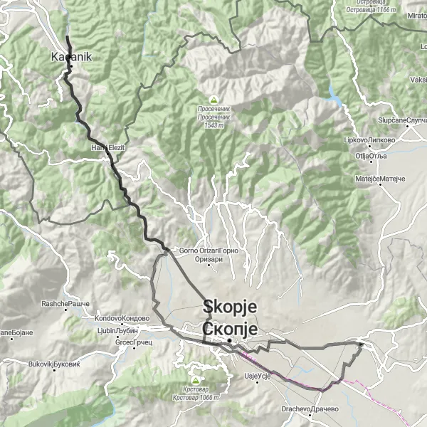 Map miniature of "Scenic Skopje Road Tour" cycling inspiration in Severna Makedonija, Macedonia. Generated by Tarmacs.app cycling route planner