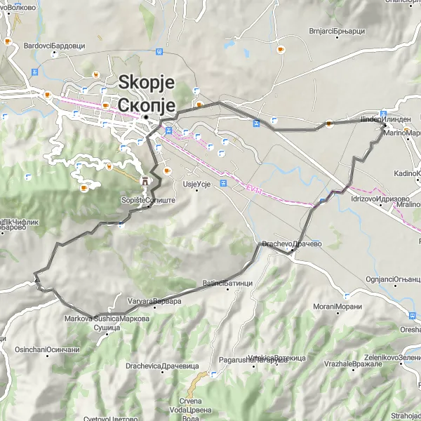 Map miniature of "Drachevo and Sopište Loop" cycling inspiration in Severna Makedonija, Macedonia. Generated by Tarmacs.app cycling route planner