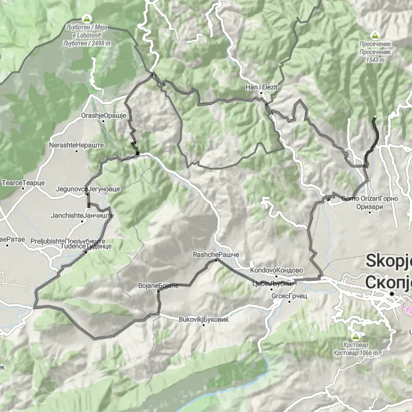 Map miniature of "Jegunovce Gravel Exploration" cycling inspiration in Severna Makedonija, Macedonia. Generated by Tarmacs.app cycling route planner