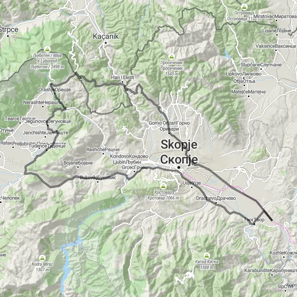 Map miniature of "Macedonian Countryside Expedition" cycling inspiration in Severna Makedonija, Macedonia. Generated by Tarmacs.app cycling route planner