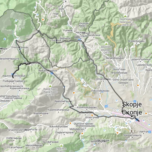 Map miniature of "Jegunovce Circular Road Route" cycling inspiration in Severna Makedonija, Macedonia. Generated by Tarmacs.app cycling route planner