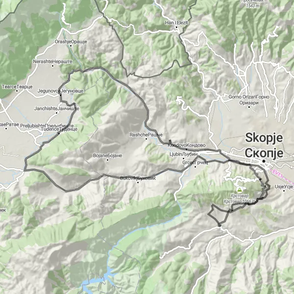 Map miniature of "Panoramic Views and Historical Wonders" cycling inspiration in Severna Makedonija, Macedonia. Generated by Tarmacs.app cycling route planner