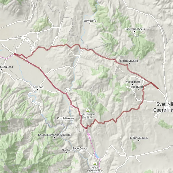 Map miniature of "The Sushica Gravel Adventure" cycling inspiration in Severna Makedonija, Macedonia. Generated by Tarmacs.app cycling route planner