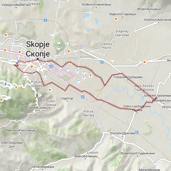 Map miniature of "Kisela Voda and Madzhari Gravel Adventure" cycling inspiration in Severna Makedonija, Macedonia. Generated by Tarmacs.app cycling route planner