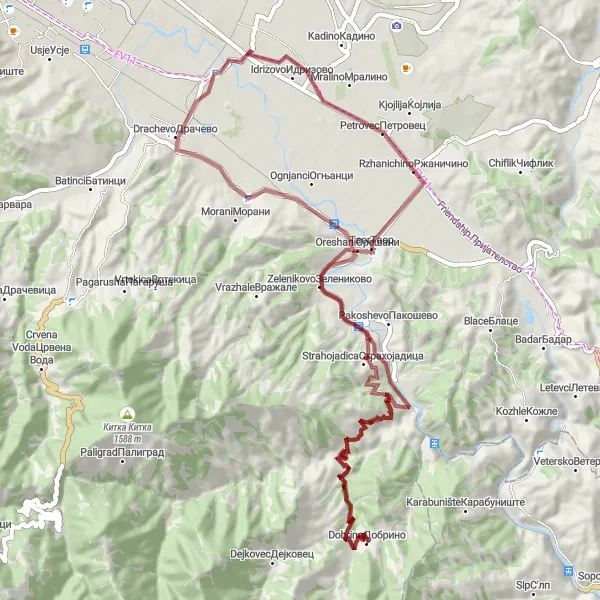 Map miniature of "Petrovec and Studeničani Gravel Loop" cycling inspiration in Severna Makedonija, Macedonia. Generated by Tarmacs.app cycling route planner