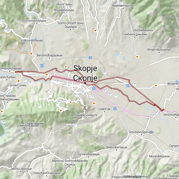 Map miniature of "The Gravel Delight" cycling inspiration in Severna Makedonija, Macedonia. Generated by Tarmacs.app cycling route planner