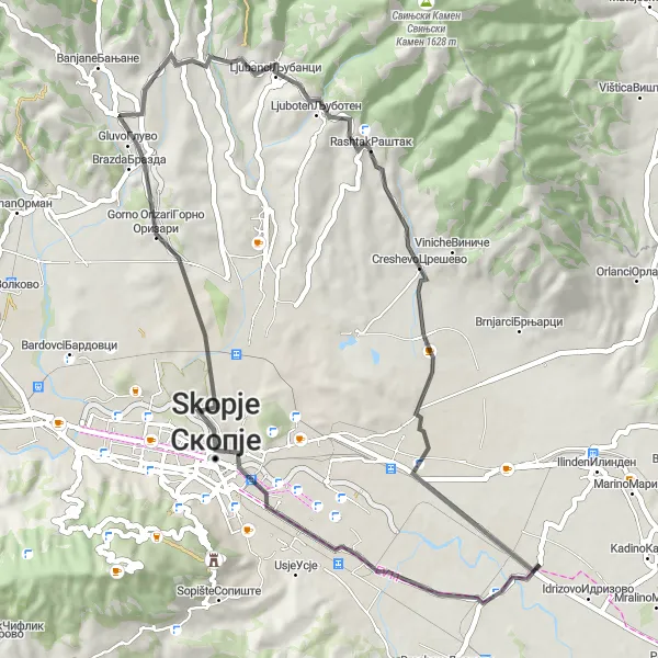 Map miniature of "A Journey through Ancient Macedonian Landscapes" cycling inspiration in Severna Makedonija, Macedonia. Generated by Tarmacs.app cycling route planner