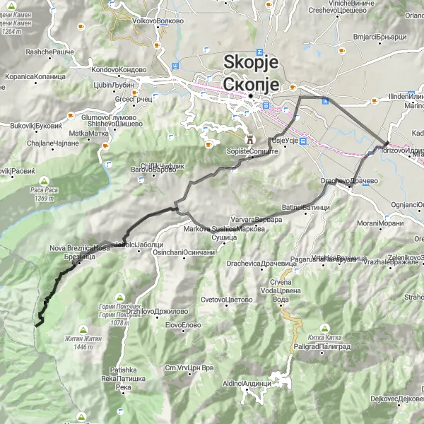 Map miniature of "The Road Less Traveled" cycling inspiration in Severna Makedonija, Macedonia. Generated by Tarmacs.app cycling route planner