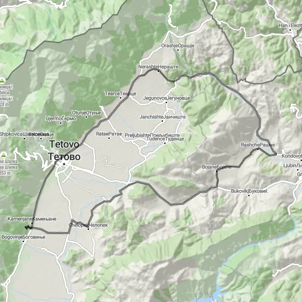 Map miniature of "Kamenjane Adventure Cycling Route" cycling inspiration in Severna Makedonija, Macedonia. Generated by Tarmacs.app cycling route planner
