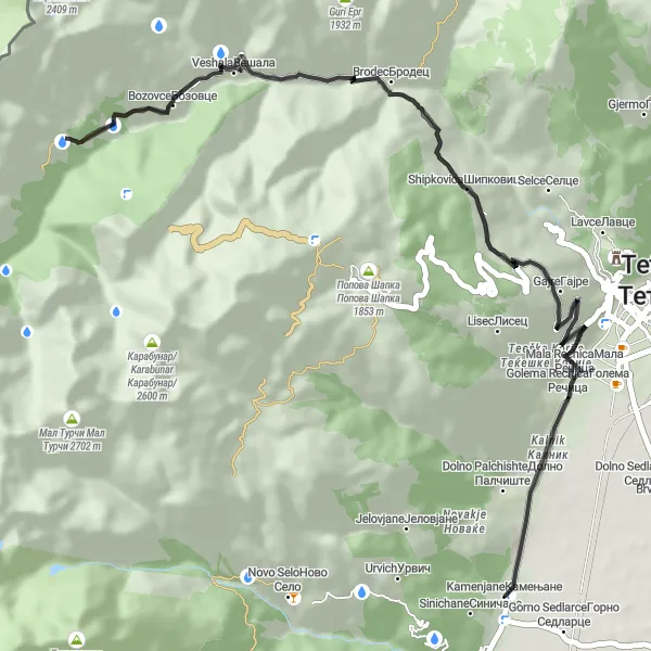 Map miniature of "Kalnik to Mala Rechica Adventure" cycling inspiration in Severna Makedonija, Macedonia. Generated by Tarmacs.app cycling route planner