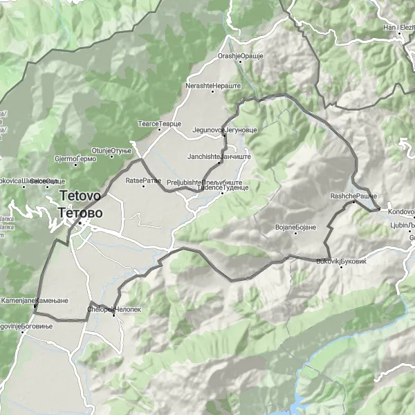 Map miniature of "Kamenjane Round-Trip Cycling Route" cycling inspiration in Severna Makedonija, Macedonia. Generated by Tarmacs.app cycling route planner