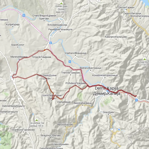 Map miniature of "Przhdevo and Demir Kapija Gravel Adventure" cycling inspiration in Severna Makedonija, Macedonia. Generated by Tarmacs.app cycling route planner