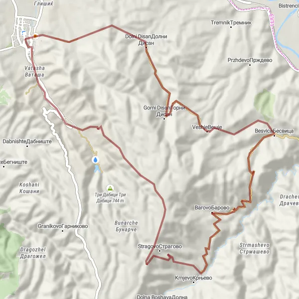 Map miniature of "Kavadarci Gravel Adventure" cycling inspiration in Severna Makedonija, Macedonia. Generated by Tarmacs.app cycling route planner