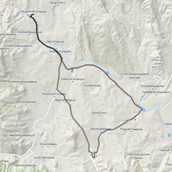 Map miniature of "Gradsko and Kavadarci Road Loop" cycling inspiration in Severna Makedonija, Macedonia. Generated by Tarmacs.app cycling route planner