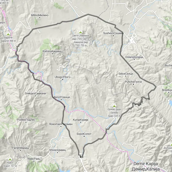 Map miniature of "The Vardar Valley Adventure" cycling inspiration in Severna Makedonija, Macedonia. Generated by Tarmacs.app cycling route planner