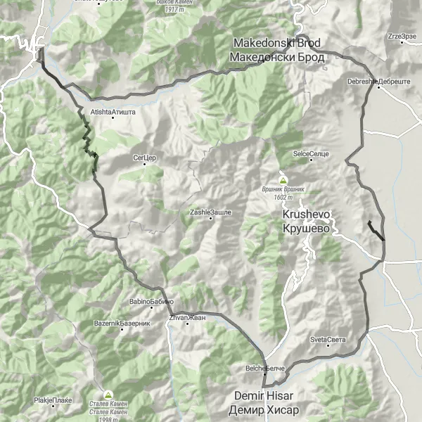 Map miniature of "Road Cycling Expedition from Kičevo to Staroec" cycling inspiration in Severna Makedonija, Macedonia. Generated by Tarmacs.app cycling route planner