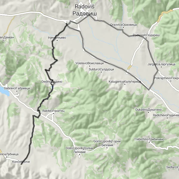 Map miniature of "Injevo Loop - Road Cycling" cycling inspiration in Severna Makedonija, Macedonia. Generated by Tarmacs.app cycling route planner