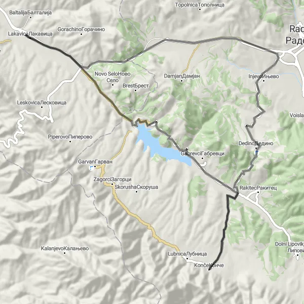 Map miniature of "The Gabrevci Adventure" cycling inspiration in Severna Makedonija, Macedonia. Generated by Tarmacs.app cycling route planner