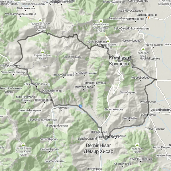 Map miniature of "Krushevo Circular" cycling inspiration in Severna Makedonija, Macedonia. Generated by Tarmacs.app cycling route planner