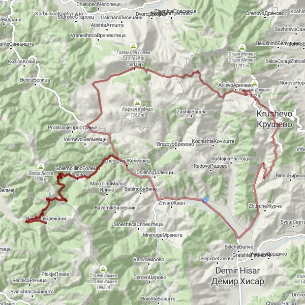 Map miniature of "Krusevo Challenging Gravel Cycling Route" cycling inspiration in Severna Makedonija, Macedonia. Generated by Tarmacs.app cycling route planner