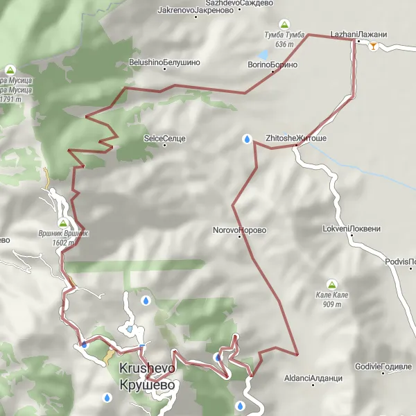 Map miniature of "Krusevo Gravel Adventure" cycling inspiration in Severna Makedonija, Macedonia. Generated by Tarmacs.app cycling route planner