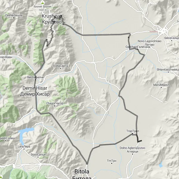 Map miniature of "Krusevo and the Surrounding Peaks" cycling inspiration in Severna Makedonija, Macedonia. Generated by Tarmacs.app cycling route planner