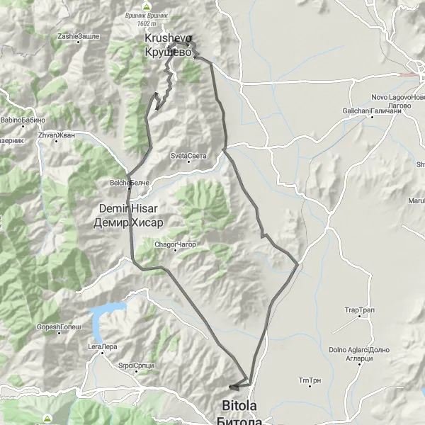 Map miniature of "Krusevo Loop" cycling inspiration in Severna Makedonija, Macedonia. Generated by Tarmacs.app cycling route planner