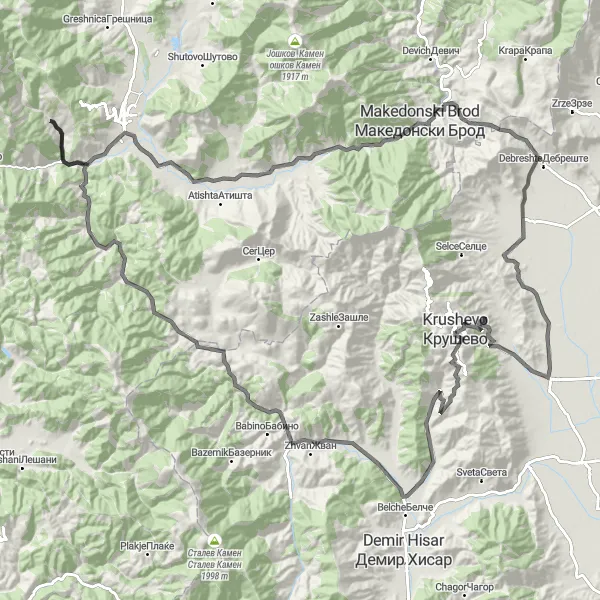 Map miniature of "Krusevo Adventure Road Cycling Route" cycling inspiration in Severna Makedonija, Macedonia. Generated by Tarmacs.app cycling route planner