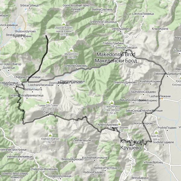 Map miniature of "Krusevo Epic Adventure" cycling inspiration in Severna Makedonija, Macedonia. Generated by Tarmacs.app cycling route planner