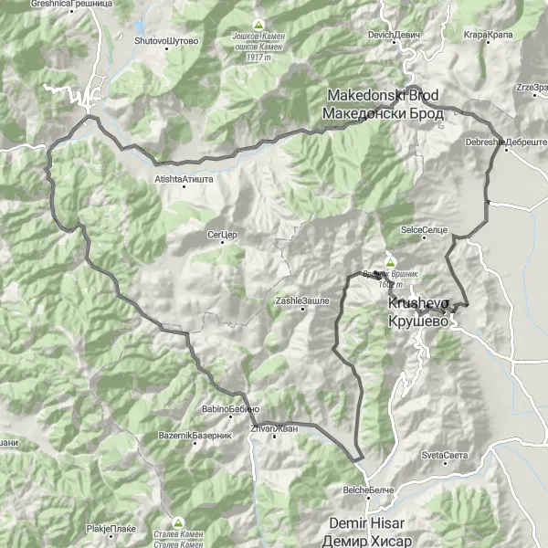 Map miniature of "Krushevo Challenge" cycling inspiration in Severna Makedonija, Macedonia. Generated by Tarmacs.app cycling route planner