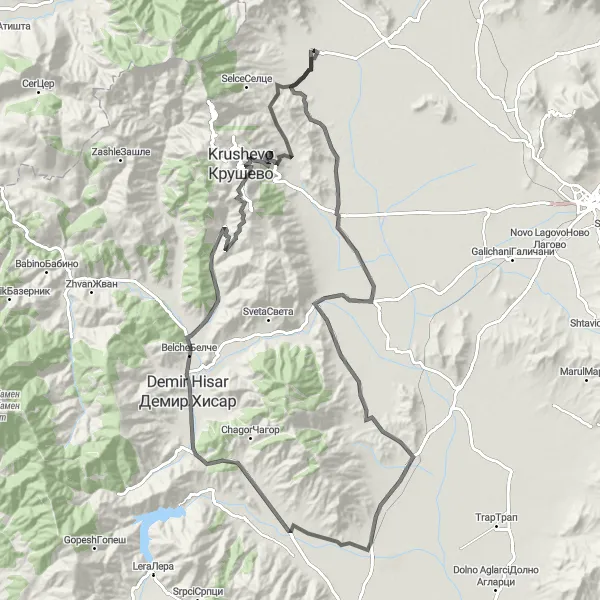 Map miniature of "Lokveni and Vogjani Loop" cycling inspiration in Severna Makedonija, Macedonia. Generated by Tarmacs.app cycling route planner