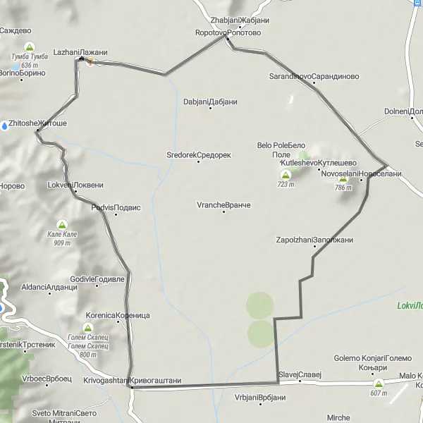 Map miniature of "Ropotovo Loop" cycling inspiration in Severna Makedonija, Macedonia. Generated by Tarmacs.app cycling route planner