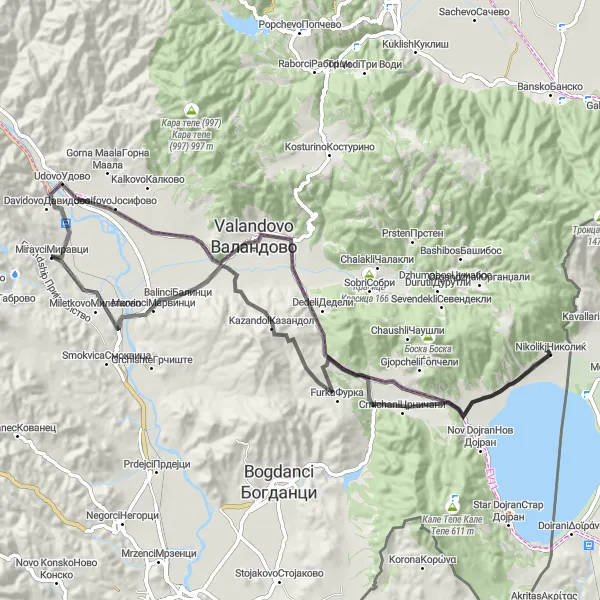 Map miniature of "Roads of Valandovo" cycling inspiration in Severna Makedonija, Macedonia. Generated by Tarmacs.app cycling route planner