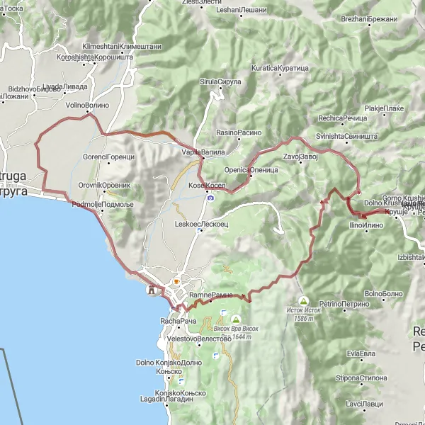 Map miniature of "Exploring the Gravel Roads of Misleshevo" cycling inspiration in Severna Makedonija, Macedonia. Generated by Tarmacs.app cycling route planner