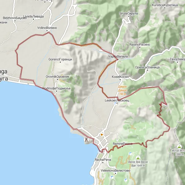 Map miniature of "Off-the-Beaten-Path Gravel Adventure" cycling inspiration in Severna Makedonija, Macedonia. Generated by Tarmacs.app cycling route planner