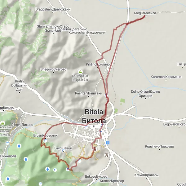 Map miniature of "Bitola Fortress Circular Route" cycling inspiration in Severna Makedonija, Macedonia. Generated by Tarmacs.app cycling route planner