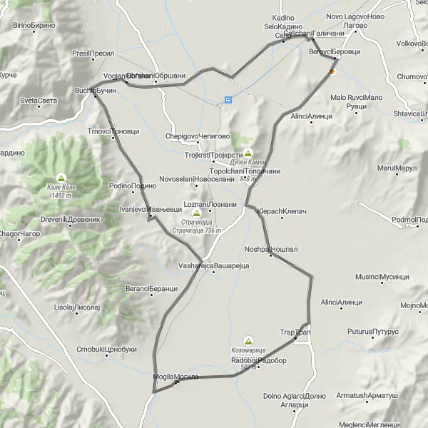 Map miniature of "Mogila Circuit" cycling inspiration in Severna Makedonija, Macedonia. Generated by Tarmacs.app cycling route planner