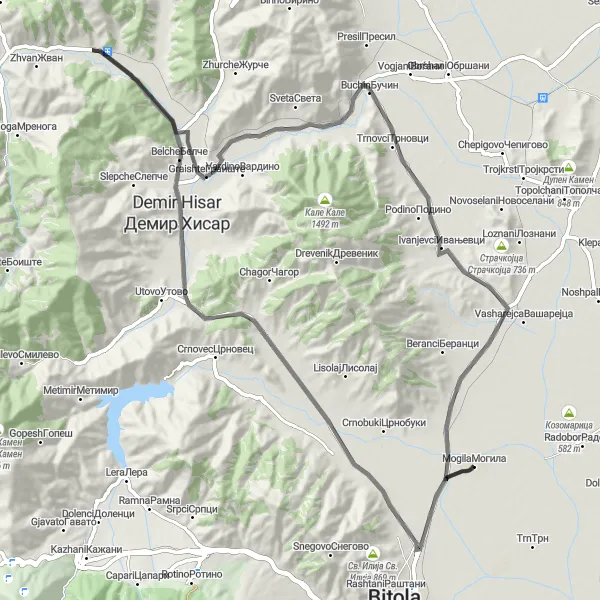 Map miniature of "Demir Hisar Adventure Loop" cycling inspiration in Severna Makedonija, Macedonia. Generated by Tarmacs.app cycling route planner