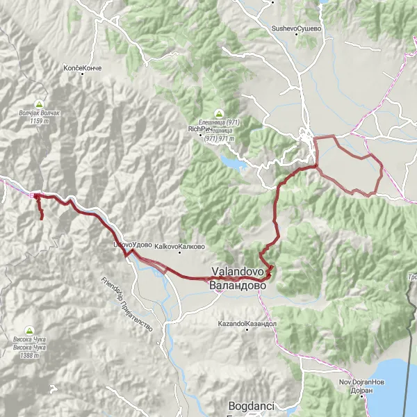 Map miniature of "Murtino - Udovo Gravel Ride" cycling inspiration in Severna Makedonija, Macedonia. Generated by Tarmacs.app cycling route planner