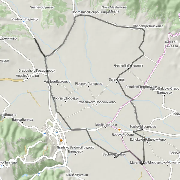 Map miniature of "Murtino - Bosilovo Route" cycling inspiration in Severna Makedonija, Macedonia. Generated by Tarmacs.app cycling route planner